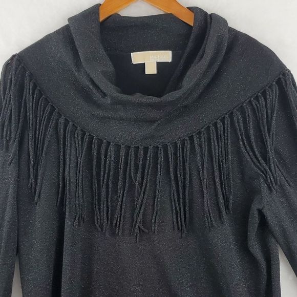 MIchael Kors Shimmering Black Cowl Neck Sweater Fringes Size Large EUC - Picture 3 of 9